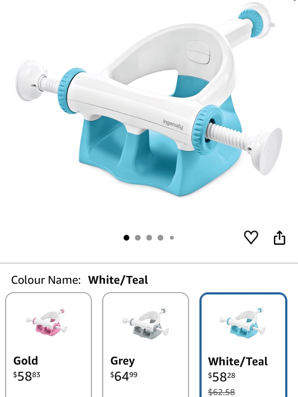 Ingenuity White & Teal Suction-Base Baby Bath Seat